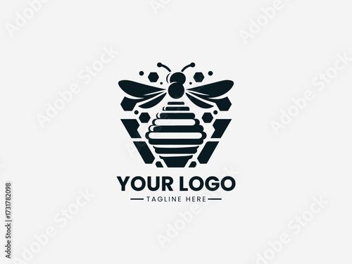 Detailed honey bee hive vector logo with hexagonal comb and active bees for community organization