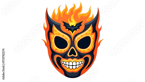 Modern Flat Illustration Mexican Wrestling Mask with Flame and Bat Decoration