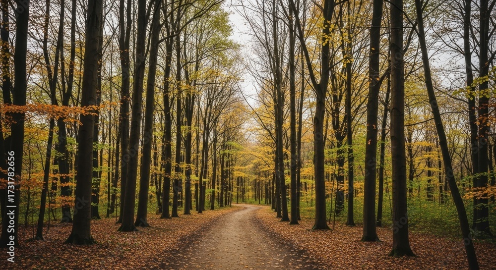 Fototapeta premium Autumnal forest pathway enveloped in serene foliage transition view