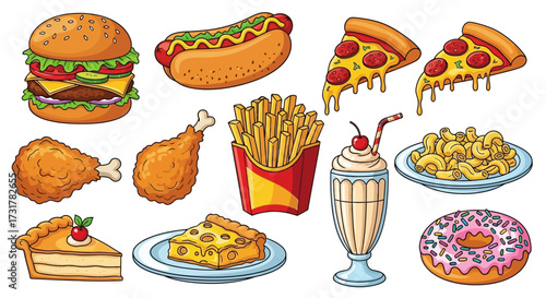 Colorful cartoon illustration showcasing a variety of classic fast food items and desserts