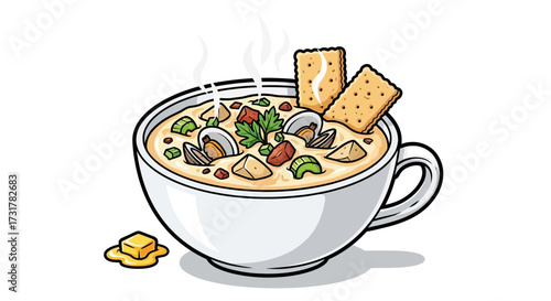 Delicious and creamy clam chowder with crackers in a mug vector illustration