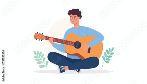 Man sitting cross-legged playing acoustic guitar with a relaxed expression, surrounded by plants