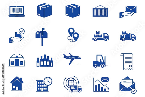 Logistics and Business Icon Set – 20 Blue Vector Symbols Including Delivery, Warehousing, Analytics, Communication, and Global Services – Minimal Grid for Supply Chain or Operational Themes