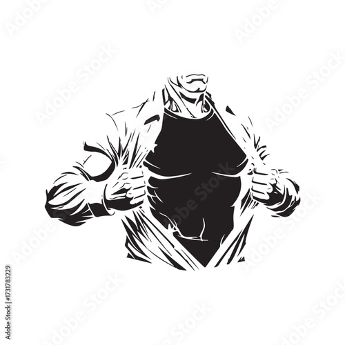 Superhero comic style vector of a muscular man tearing his shirt open to reveal a blank chest, ideal for placing a logo or symbol.
