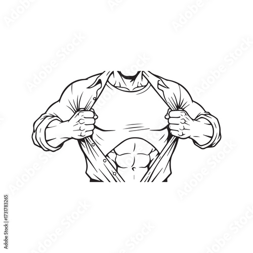 Superhero comic style vector of a muscular man tearing his shirt open to reveal a blank chest, ideal for placing a logo or symbol.
