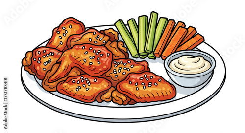 Illustration of appetizing spicy chicken wings with dipping sauce on a white plate