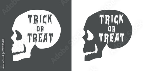 Logo con texto manuscrito trick or treat en silueta de calavera humana para felicitaciones y tarjetas de Halloween