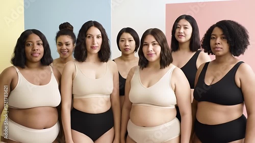 Six Diverse Women in Lingerie Posing Confidently Against a Colorful Pastel Background with a Bright Studio Lighting Setup Showcasing Body Positivity and Empowerment for a Campaign