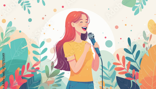 Happy Young Woman Singing with a Microphone, Surrounded by Colorful Foliage and Plants