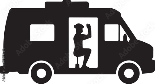 Recreational Vehicle Silhouette. Person in RV Campervan Car Recreation Journey