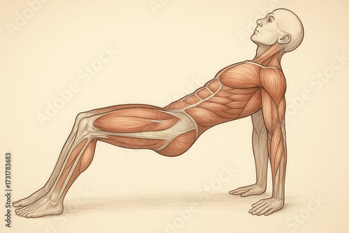 Human Muscular Anatomy – Muscles in Reverse Plank Exercise Position