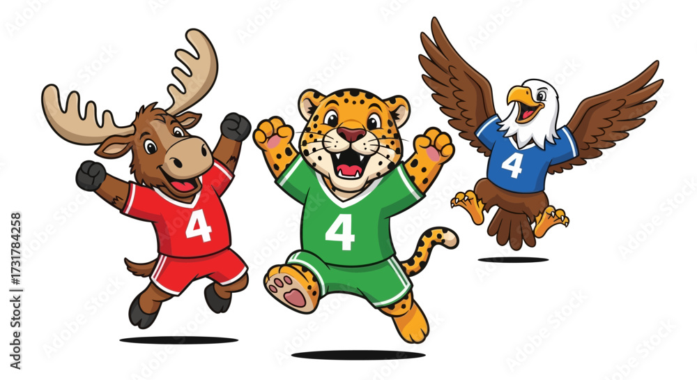 Fototapeta premium Cartoon animal sports team featuring a moose jaguar and eagle wearing number four jerseys