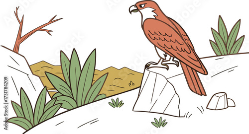 Vibrant tropical parrot in cartoon style perched on a branch with a flower and leaf, showcasing its feather and colorful beak as a vector illustration of nature and wildlife