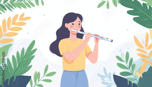 A young woman plays a flute surrounded by lush green leaves and colorful foliage, evoking a sense of peace and harmony with nature