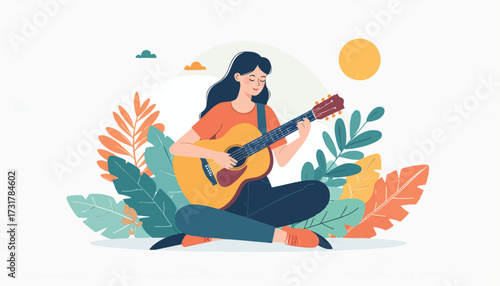 A woman enjoys playing the acoustic guitar surrounded by lush foliage and a warm sun, evoking a sense of peace and creativity