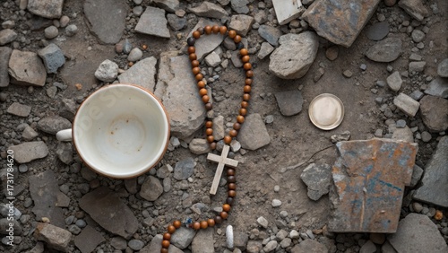 post war poland A broken cup and rosary lie on a textured stone surface, evoking a sense of loss and reflection.