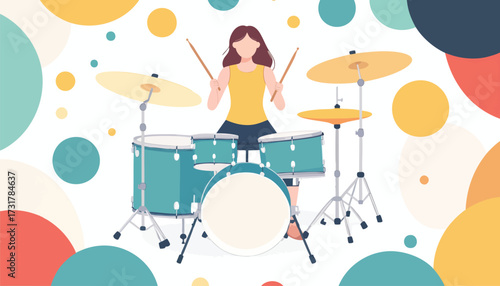 Energetic flat design illustration of a female drummer passionately playing a full drum set, capturing the essence of music, rhythm, and dynamic performance