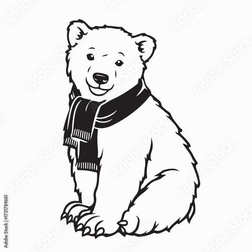 Winter Polar Bear Wearing Warm Scarf Vector Cartoon Design on white background