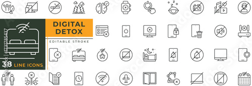 Digital Detox line icon set with editable stroke. Vector illustration.