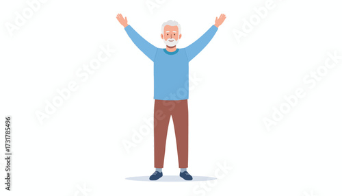 Happy elderly man with a beard raising his arms in a gesture of joy and success. Vector illustration of an active senior lifestyle and positive aging