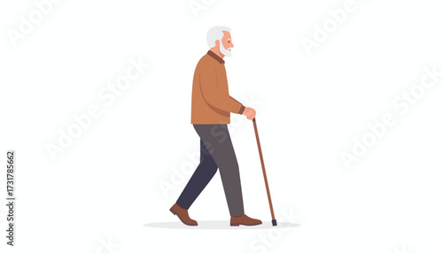Elderly man with a white beard walking with a cane. A senior citizen character illustration depicting aging and mobility
