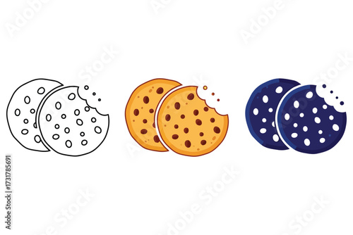 Vector art of cookie vector icon in line, filled, and dark filled outline style, sweet treat, snack, dessert, biscuit with chocolate chips and a bite mark