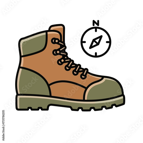 Hiking boot with compass icon, adventure and exploration concept.