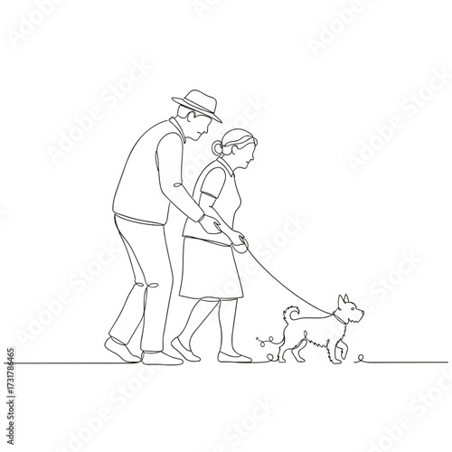Elderly couple walking a dog together in a simple line drawing  