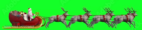 Santa Claus riding sleigh pulled by eight reindeer with gifts, representing Christmas Eve delivery, holiday magic, and festive winter celebration tradition. 3d rendering animation on green screen.