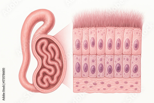 Detailed illustration of intestinal villi and microscopic view of intestinal lining with cilia