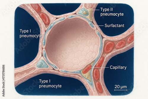 Microscopic view of an alveolus, the functional unit of the lungs, showing gas exchange.