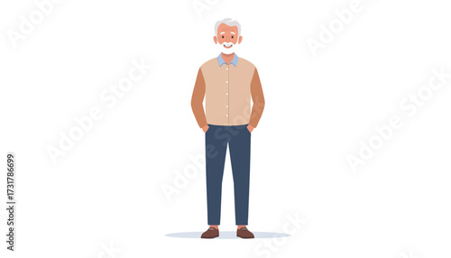 Vector illustration of a cheerful and friendly senior man standing with his hands in his pockets. An elegant elderly gentleman character isolated on a white background, representing happy retirement