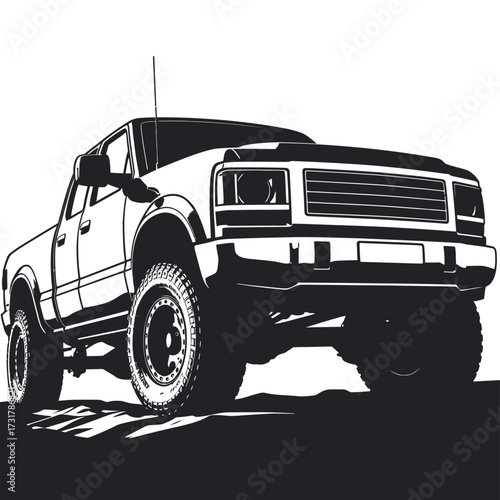 Classic lifted pickup truck with off road tires in silhouette