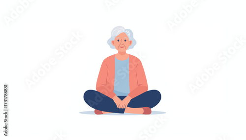 Elderly woman with gray hair sits cross-legged with a gentle smile, radiating a sense of peace and contentment