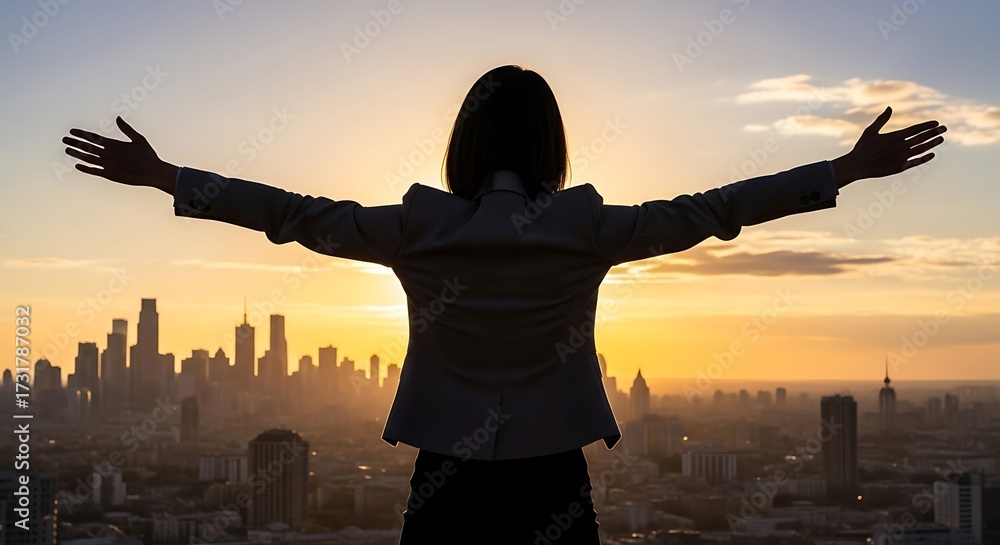 Fototapeta premium Silhouette of a woman with outstretched arms overlooking a city skyline at sunset, symbolizing freedom and success.