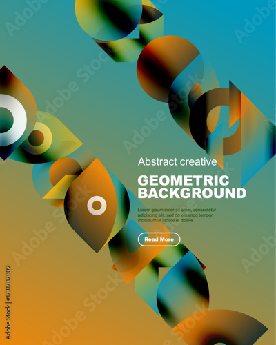 Vibrant geometric shapes overlap, creating abstract background. Text promotes further exploration. Colors blend smoothly, offering modern aesthetic.