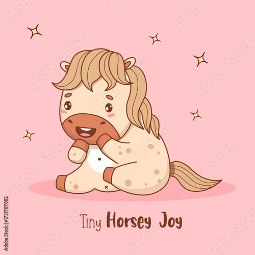 Joyful Happy Little Cartoon Pony. Cute emotion Horse Kawaii Animal. Vector illustration. Card with Cool slogan for design, card, sticker, and print. Kids collection. Not AI