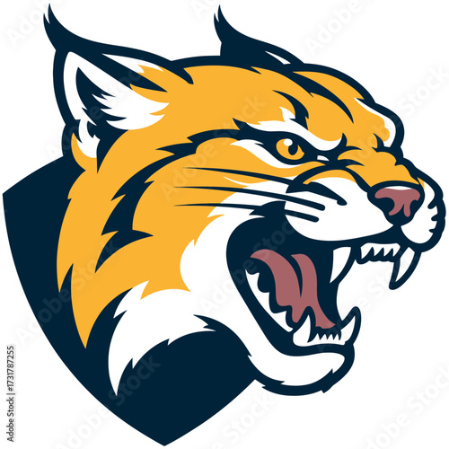 Fierce bobcat mascot head roaring with aggressive expression