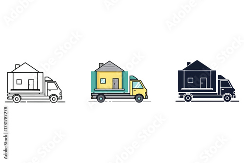 Vector art of three moving truck icons, showcasing different styles outline, color, and silhouette, ideal for illustrating relocation services or moving company branding