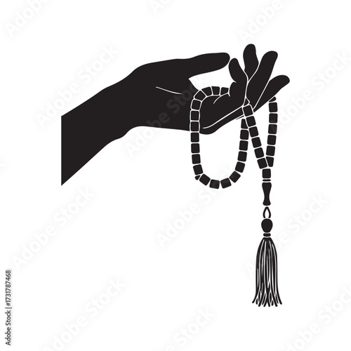 Silhouette of a hand holding Islamic prayer beads (Tasbih). Black vector icon representing Muslim worship, faith, and spirituality.
