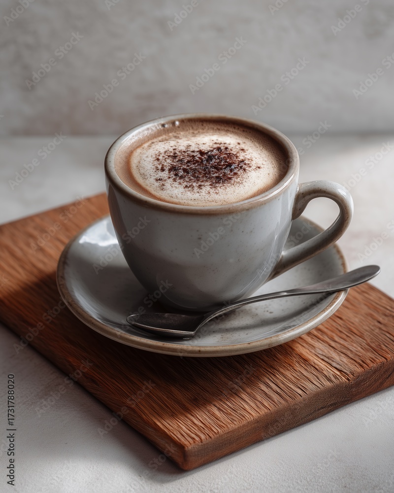 Obraz premium Warm Embrace of Coffee: A comforting scene showcasing a steaming cup of coffee, beautifully presented with a sprinkle of chocolate shavings on a wooden tray. Evoking a sense of warmth and tranquility.