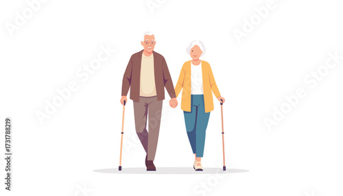 An old couple holding hands while walking with canes, symbolizing enduring love, mutual support, and companionship in their golden years