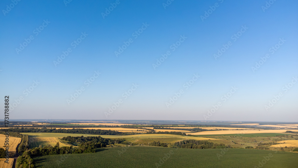 Obraz premium Aerial rural summer scenery with green agriculture fields and blue sky