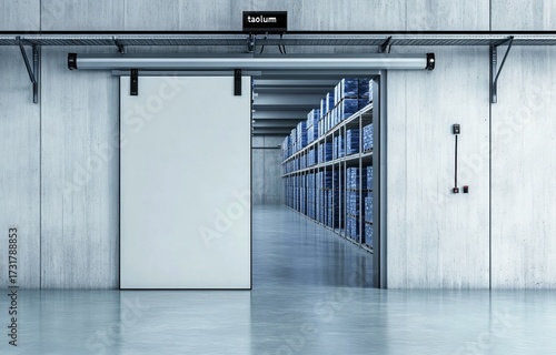 Industrial warehouse interior with open door