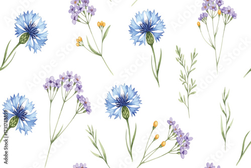 Vector art of watercolor seamless pattern with blue cornflowers, purple wildflowers, and green leaves floral design for fabric, wallpaper, and wrapping paper