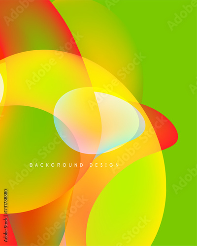 Vibrant abstract shapes overlap. Colors blendyellows, greens, orangescreating dynamic visual effect. Modern design element.