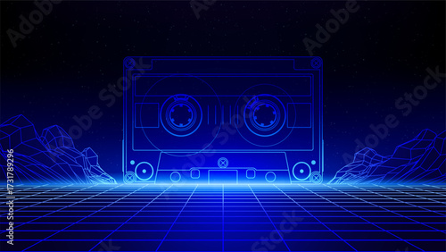 Retro futuristic abstract background. Synthwave 80s style poster. Neon triangle, 3d laser grid, audio compact cassette, wireframe mountain. Music template. Starry sky background, mesh floor. Vector