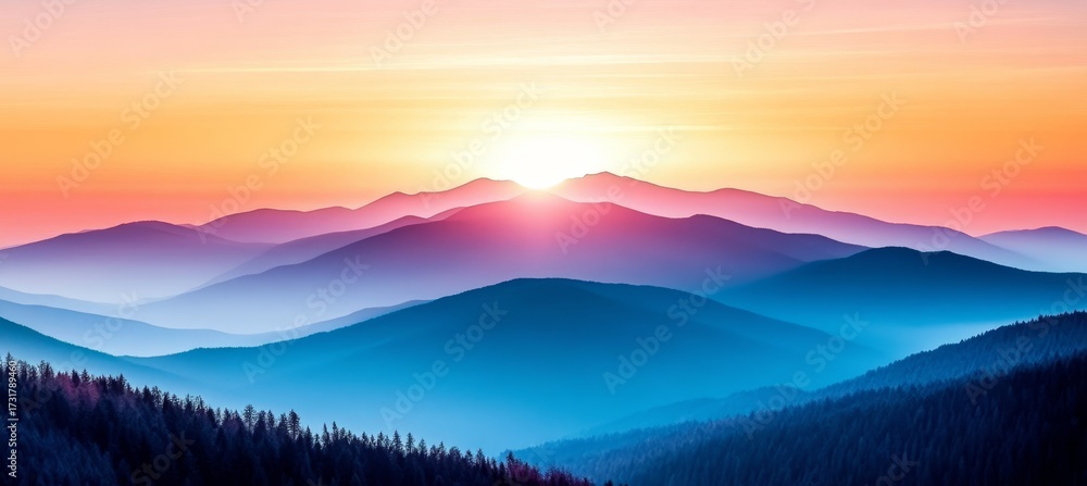 Fototapeta premium Majestic Landscape with Purple and Blue Mountains Under a Glorious Golden Sunrise at Dawn