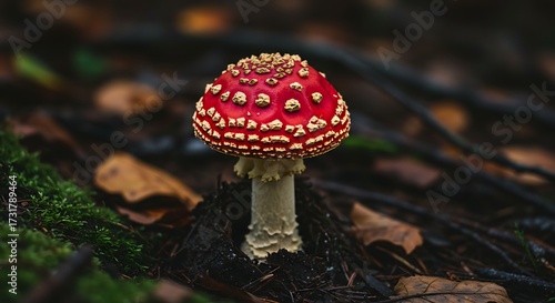 Vibrant red mushroom with white spots growing in a natural forest environment