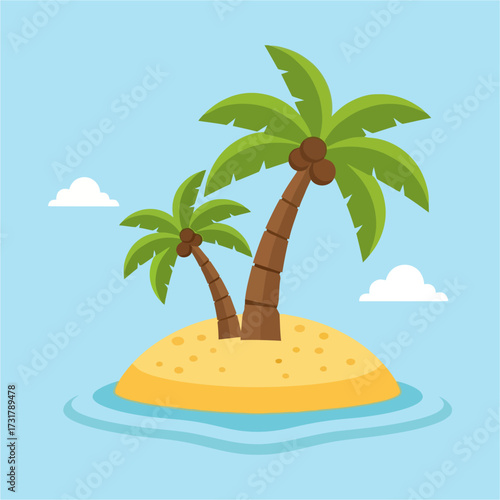 An illustration of a tropical island with two palm trees, sand, water, and clouds.